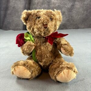 Vintage Dan Dee Collectors Choice Teddy Bear with Red Rose and Bow Brown Plush